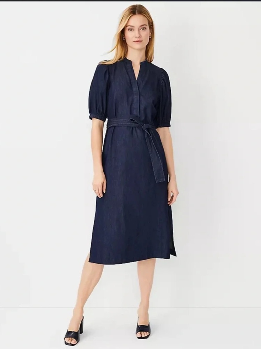 Ann Taylor Navy Belted Midi Dress with Puff Sleeves